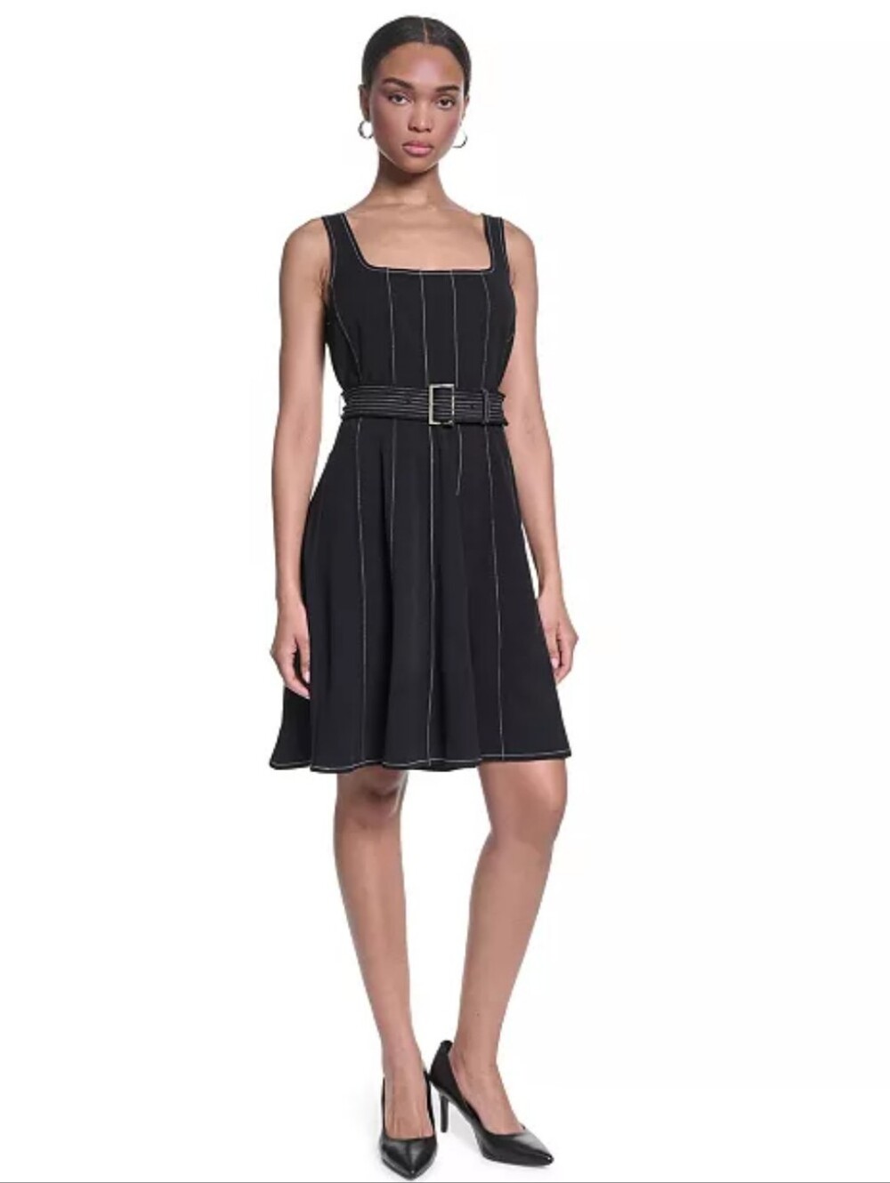 Karl Lagerfeld Black Sleeveless Belted Midi Dress with Contrast Piping